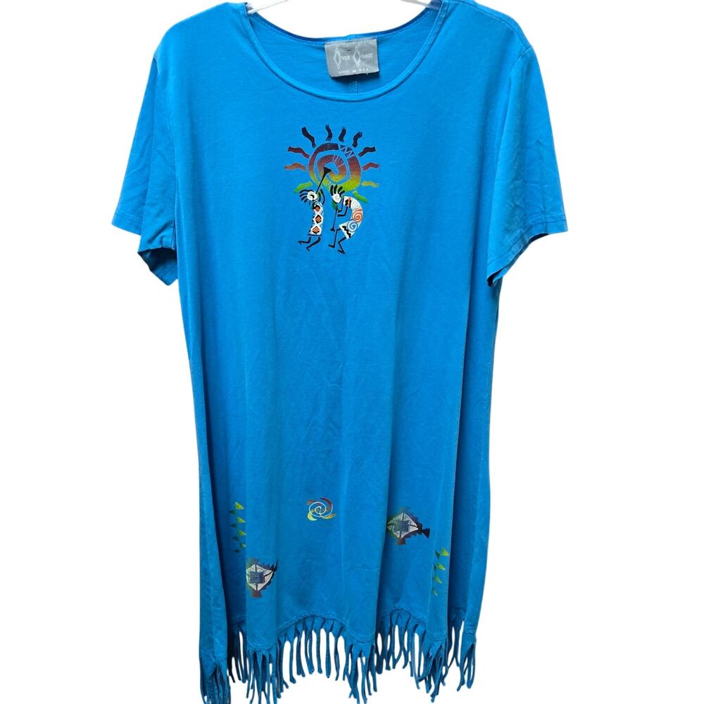 Vintage Cover Charge Kokopelli Fish Fringe Tunic Dress Cover Up Made USA